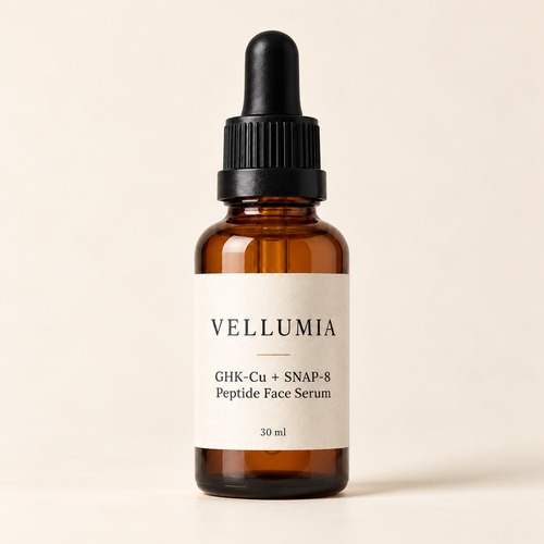 Vellumia 30 ml amber glass GHK-Cu + SNAP-8 peptide serum bottle on an ivory background