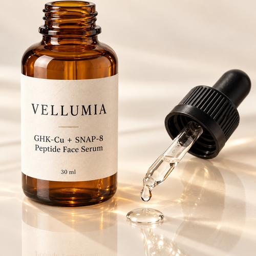 Close-up of Vellumia amber glass peptide serum bottle and glass dropper with clear serum