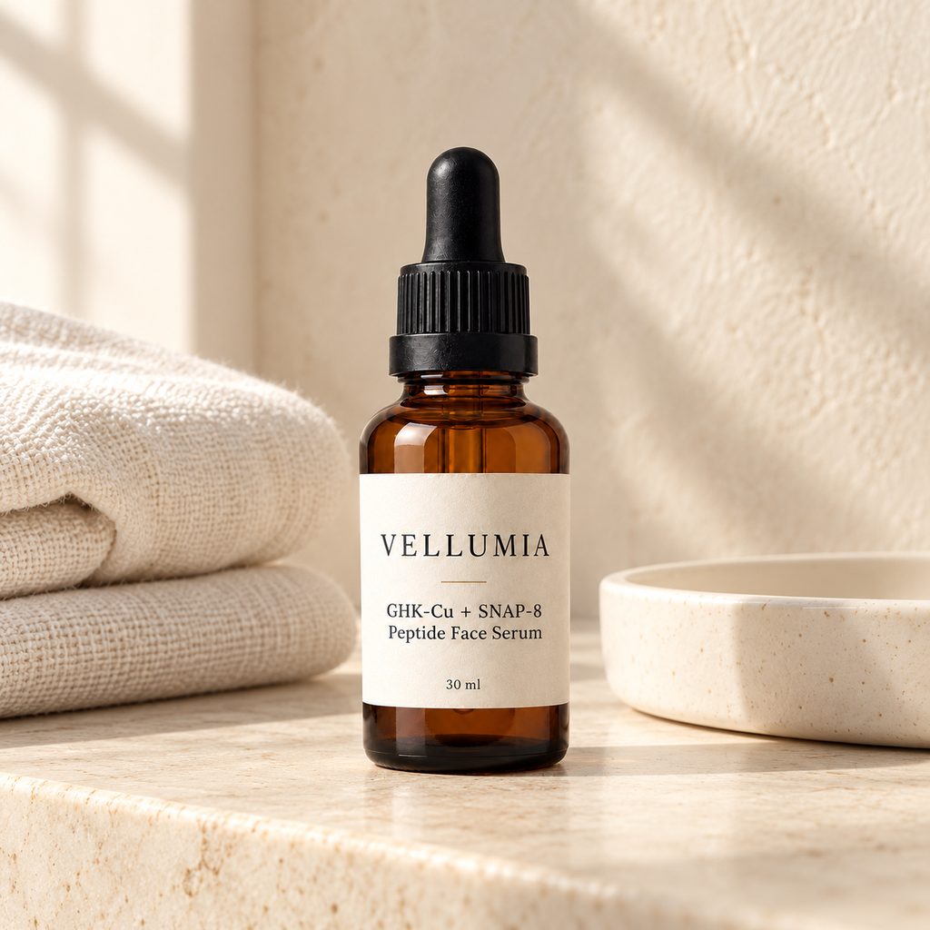 Adult woman holding a Vellumia GHK-Cu + SNAP-8 peptide serum bottle in a bright bathroom