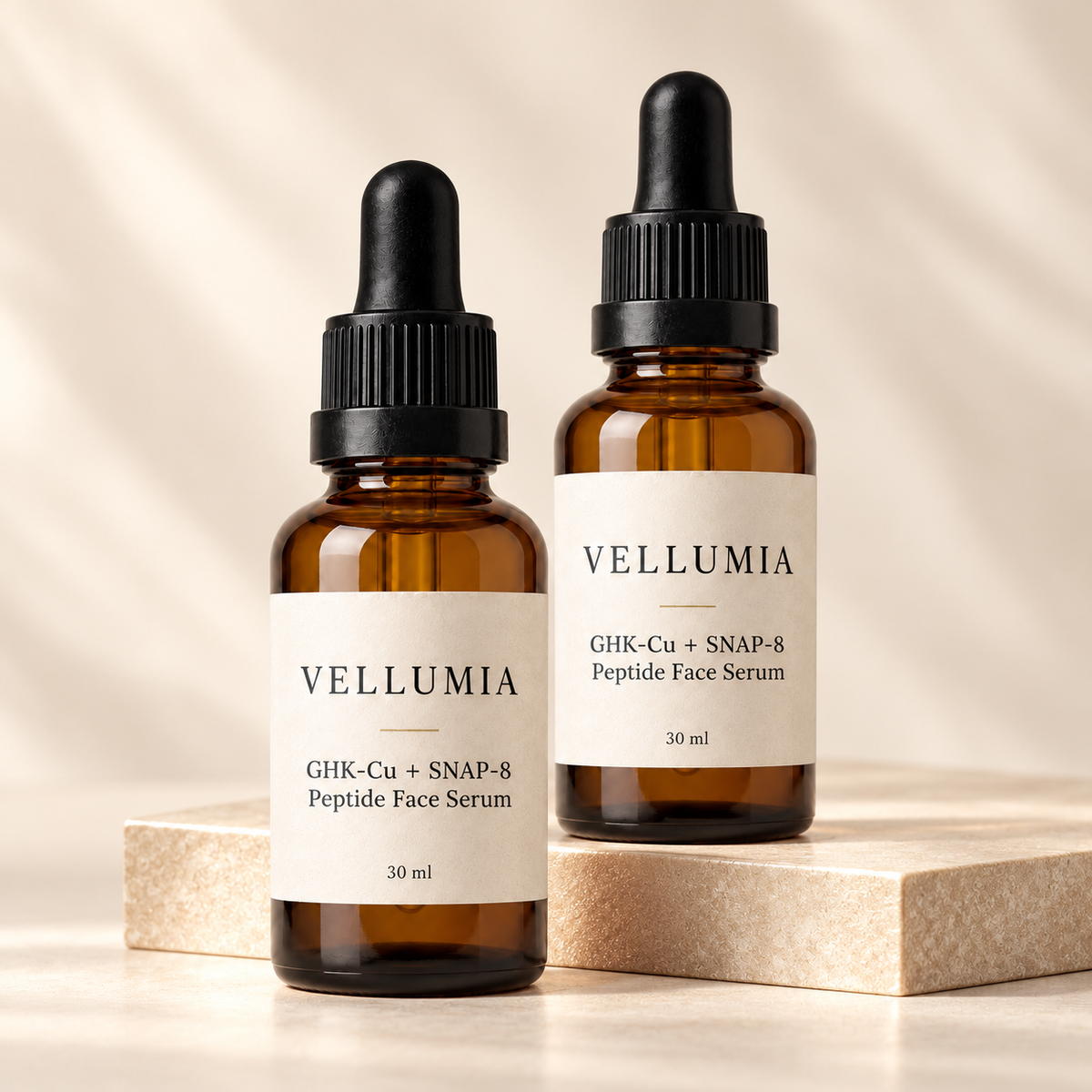 Two Vellumia GHK-Cu + SNAP-8 peptide serum bottles showing the multi-bottle offer